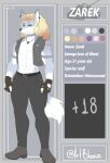 anthro arm_tattoo biped bleez_art blonde_hair canid canine canis clothed clothing hair hi_res male male_anthro mammal nazi nazi_insignia pouty_lip scared solo standing tattoo wolf zarek_(bleez_art)
