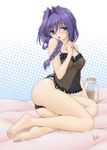  ass bare_legs barefoot black_panties blue_eyes blue_hair blush braid breasts camisole finger_to_mouth hair_intakes halftone jar kanon mature medium_breasts minase_akiko mitarashi_kousei nipples open_mouth panties see-through signature sitting solo underwear yokozuwari 