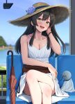  1girl :d alternate_costume bag black_hair blue_flower blue_ribbon blue_sky blush bracelet breasts chair cleavage collarbone commentary_request crossed_legs double-parted_bangs dress feet_out_of_frame flower green_eyes hair_between_eyes hair_ornament hand_up hat hat_flower hat_ribbon highres holding holding_bag hydrangea ichikawa_feesu jewelry kantai_collection long_hair long_sidelocks medium_breasts on_chair open_mouth outdoors oyashio_(kancolle) ribbon sidelocks sitting sky sleeveless sleeveless_dress smile solo spaghetti_strap straw_hat sundress teeth teruterubouzu train_station umbrella upper_teeth_only white_dress 