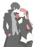  1boy 1girl absurdres amamiya_ren arm_behind_back black_choker black_coat black_eyes black_hair black_leotard black_pants black_ribbon black_thighhighs breasts buttons choker cleavage coat collared_coat collared_jacket eye_contact frilled_sleeves frills gloves grey_shirt hair_between_eyes hair_ribbon hand_on_another's_chin hands_in_pockets height_difference hetero highres jacket joker_(persona_5) lapels leotard long_coat long_hair long_sleeves looking_at_another looking_down pants persona persona_5 persona_5_the_royal ponytail red_gloves red_hair ribbon shirt short_hair shynepls sideways_mouth simple_background smile swept_bangs thighhighs twitter_username v-shaped_eyebrows violet_(persona_5) white_background yoshizawa_kasumi 