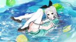  1boy absurdres aqua_dress black_bow black_shoes blend_s bow carternanmen dress finger_to_mouth green_eyes grey_hair hair_bow highres kanzaki_hideri long_hair looking_at_viewer lying on_back shoes solo thighhighs trap very_long_hair wading water white_thighhighs 