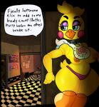 2025 animatronic anthro areola avian beak bib big_breasts bird blue_eyes breasts chicken clothing dialogue digital_media_(artwork) english_text exclamation_point eyelashes eyeshadow feathers female five_nights_at_freddy's five_nights_at_freddy's_2 front_view galliform head_feathers head_tuft hi_res machine makeup mschaox6 navel nipples orange_areola orange_nipples panties phasianid pink_clothing pink_panties pink_underwear purple_eyeshadow robot rosy_cheeks scottgames solo speech_bubble tail tail_feathers text thick_thighs toy_chica_(fnaf) tuft underwear wide_hips yellow_body yellow_feathers
