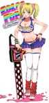  bad_id bad_pixiv_id blonde_hair blue_eyes blush body_blush breasts chainsaw cheerleader cleavage clothes_writing crop_top hand_on_hip highres juliet_starling large_breasts lollipop_chainsaw midriff navel pom_poms shiny shiny_skin smile solo thigh_gap thighhighs twintails wristband yuuga_(cherrybomb-g) 