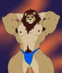 abs anthro armpit_hair blue_eyes body_hair brown_hair clothing eye_scar facial_scar felid flexing flexing_bicep flexing_muscles green_eyes hair heterochromia hi_res hunterramirez lion male mammal mane mane_hair muscular muscular_anthro muscular_arms muscular_male muscular_thighs nipples pantherine pecs pubes scar solo tail thong underwear