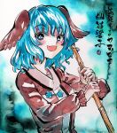  1girl animal_ears bamboo_broom blue_eyes blue_hair broom brown_dress commentary_request dog_ears dog_girl dress green_background highres holding holding_broom kabaji kasodani_kyouko long_sleeves looking_at_viewer medium_hair open_mouth smile solo touhou traditional_media translation_request upper_body 