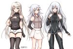  3girls :d above-cleavage_cutout aqua_eyes arm_behind_back arms_behind_back artist_name black_gloves blonde_hair blue_eyes breasts closed_mouth clothing_cutout commentary_request covered_collarbone covered_navel cowboy_shot crossed_bangs curtained_hair dated double-parted_bangs earrings eiyuu_densetsu elaine_auclair elbow_gloves fie_claussell fingerless_gloves gloves green_eyes hair_between_eyes hand_up highres jewelry kuro_no_kiseki_(series) kuro_no_kiseki_i large_breasts light_smile long_hair long_sidelocks looking_at_viewer medium_breasts multiple_girls open_mouth parted_bangs shizuna_rem_misurugi sidelocks simple_background skirt small_breasts smile very_long_hair white_background white_hair white_skirt willfin 