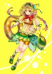  bag bike_shorts blonde_hair bracelet braid breasts c.c._lemon c.c._lemon_(character) cleavage food fruit green_hairband hairband hanekoto jewelry lemon long_hair medium_breasts polka_dot skirt solo twin_braids twintails yellow_background yellow_eyes 