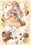  1girl accurate_lolita_coord bag bib_collar bonnet bow bowtie box brown_bow brown_bowtie brown_corset brown_eyes brown_hair butter_knife cake candelabra candlestand center_frills chocolate chocolate-covered_food chocolate_cake closed_mouth commentary_request corset cup fingernails flower food food-themed_hair_ornament footwear_bow frilled_bow frilled_skirt frills fruit full_body gift gift_box gold_trim hair_ornament half-skirt handbag highres holding holding_bag holding_stuffed_toy knees_together_feet_apart knife layered_skirt lolita_fashion long_hair long_sleeves macaron medium_skirt orange_(fruit) orange_bonnet orange_bow orange_bowtie orange_hair_ornament orange_ribbon orange_skirt orange_slice orangette original overskirt petticoat ribbon saucer shirt skirt skirt_bow smile solo standing standing_on_one_leg striped_bow stuffed_animal stuffed_toy tea teacup teapot teddy_bear tententuyu thighhighs vending_cart wavy_hair white_bow white_flower white_shirt white_thighhighs 