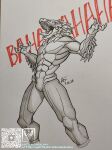 2025 3_fingers abs alien anthro archigalaxy arm_feathers arm_tuft avian beak bodysuit claws clothing feather_hair feathered_crest feathers finger_claws fingers halo_(series) head_crest hi_res kig-yar laugh male microsoft muscular muscular_anthro muscular_male pseudo_hair scalie sharp_teeth sketch skinsuit solo t'vaoan teeth tight_clothing traditional_media_(artwork) tuft xbox_game_studios