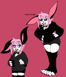 3_toes 4_fingers anthro black_bottomwear black_claws black_clothing black_hoodie black_legwear black_shorts black_stockings black_thigh_highs black_topwear bottomwear claws clothed clothed_anthro clothed_female clothing collar electronics english_text feet female fingers flat_colors freckles fur hair hi_res holding_object holding_phone hoodie insult insulting_viewer lagomorph legwear leporid mammal one_ear_up phone pink_background pink_hair plantigrade rabbit red_eyes shorts simple_background solo spiked_collar spikes standing stockings susieruu suzi_(susieruu) text thigh_highs toeless_legwear toeless_stockings toeless_thigh_highs toes topwear trans_(lore) trans_woman_(lore) white_body white_fur
