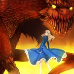  ahoge artoria_pendragon_(all) blonde_hair dragon dress fate/stay_night fate_(series) floating green_eyes long_hair mana_transfer_dragon saber solo tusia 