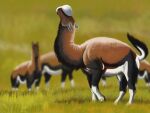 2025 4:3 agustindiazart ambiguous_gender black_body black_fur brown_body brown_fur feral field fur grass group herd hi_res litopteran macrauchenia mammal multicolored_body multicolored_fur nature outside plant quadruped white_body white_fur