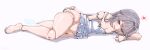  1girl absurdres bare_arms bare_legs bare_shoulders barefoot breasts brown_hair cleavage clothes_lift collarbone come_hither doll_joints dress dress_lift frilled_dress frills full_body groin hair_intakes hand_on_own_ass heart herta_(honkai:_star_rail) herta_(puppet)_(honkai:_star_rail) highres hizikit honkai:_star_rail honkai_(series) joints long_hair lying no_bra no_panties on_side pointing pointing_at_viewer purple_eyes simple_background small_breasts solo spoken_heart strap_slip toes translation_request white_background white_dress 