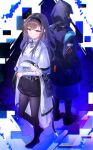  1boy 1girl absurdres arknights back-to-back black_hairband black_jacket black_pantyhose black_shoes black_skirt brown_eyes brown_hair chinese_commentary chromatic_aberration closed_mouth commentary_request doctor_(arknights) full_body hairband hands_in_pockets highres holding hood hood_up hooded_jacket jacket lab_coat lapels light_particles long_hair long_sleeves miniskirt no_shoes open_clothes pantyhose priestess_(arknights) ruo_xiao_wuli shoes skirt smile split_mouth standing sweater turtleneck turtleneck_sweater white_sweater 