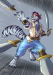 action_pose anthro barefoot belt blue_bottomwear blue_clothing blue_eyes blue_hair blue_pants blue_stripes body_hair bottomwear brown_belt canid canine canis chest_hair claws clothed clothing ear_piercing ear_ring fangs feet felid front_view fur glistening glistening_eyes grey_body grey_claws grey_fur hair hi_res holding_melee_weapon holding_object holding_sword holding_weapon hufnaar hybrid kerchief male male_anthro mammal markings melee_weapon open_clothing open_mouth open_topwear pantherine pants piercing pose ren_the_white_tiger ring_piercing simple_background solo striped_markings striped_tail stripes sword tail tail_markings teeth throwing_knife tiger topwear weapon whiskers white_body white_clothing white_fur white_topwear wolf
