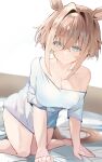  1girl absurdres all_fours animal_ears bimmy blush breasts brown_hair cheval_grand_(umamusume) closed_mouth commentary hair_between_eyes hair_intakes highres horse_ears horse_girl looking_at_viewer multicolored_hair shirt short_hair short_hair_with_long_locks short_sleeves sidelocks single_bare_shoulder single_off_shoulder smile solo streaked_hair umamusume white_shirt white_streaks 