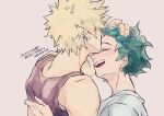  2boys :d adam's_apple bakugou_katsuki bare_shoulders blonde_hair blush boku_no_hero_academia closed_eyes commentary_request couple crew_neck facing_another fan_request freckles from_side green_hair grey_background grey_shirt hand_on_another's_back hand_on_another's_head happy kiss kissing_forehead light_particles male_focus midoriya_izuku multiple_boys nikaidou_iroha open_mouth partial_commentary profile purple_tank_top shirt short_hair sideways_mouth simple_background smile spiked_hair t-shirt tank_top teeth thank_you translation_request twitter_username upper_body upper_teeth_only yaoi 