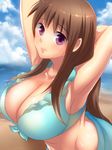  armpits arms_behind_head arms_up beach bikini blush breasts brown_hair cleavage cloud copyright_request day foreshortening frilled_bikini frills front-tie_top large_breasts looking_at_viewer natsuki_(saboten) outdoors purple_eyes shiny shiny_skin sky solo swimsuit 