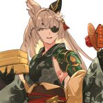  1girl alternate_costume animal_ears box breasts brown_hair candy_apple commentary_request corn cyborg ear_covers eyepatch floral_print flower food granblue_fantasy green_kimono hair_flower hair_ornament holding holding_box holding_skewer ikayaki japanese_clothes kimono long_hair looking_at_viewer mechanical_arms medium_breasts mole nos_(nos_tsn) obi octavia_(granblue_fantasy) open_mouth sash scar shawl sideboob simple_background single_ear_cover skewer sleeveless sleeveless_kimono smile solo upper_body white_background yellow_eyes 