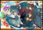  asymmetrical_wings bad_id bad_pixiv_id black_hair black_legwear blue_eyes blue_hair blush bow dress heterochromia houjuu_nue itomugi-kun karakasa_obake multiple_girls open_mouth paint short_hair skirt tatara_kogasa thighhighs tongue touhou umbrella wings zettai_ryouiki 