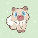  :d animal_focus baby_animal blue_eyes brown_fur chibi dog fangs full_body green_background joo_gumoon looking_at_viewer lowres no_humans open_mouth pokemon pokemon_(creature) pokemon_focus puppy rockruff simple_background smile solo white_fur 