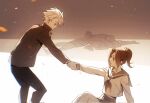  1girl 4boys bleach bleach:_the_high_school_warfare commentary corrupted_twitter_file english_commentary gakuran high_ponytail highres hitsugaya_toushirou holding_another's_wrist kurosaki_karin miniskirt multiple_boys pleated_skirt ponytail school_uniform sepia serafuku silegesi sitting skirt 