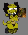 anthro areola big_breasts black_clothing black_footwear black_hair black_shoes black_thong black_topwear black_underwear bodily_fluids bracelet breasts brown_areola brown_body brown_eyes brown_nipples brown_scales character_request clothed clothing dibujobienraro eyelashes fangs female fishnet_clothing fishnet_legwear flashing flashing_breasts footwear front_view green_body green_scales grey_background hair jewelry kneeling legwear navel nipples non-mammal_breasts non-mammal_navel non-mammal_nipples pigtails raised_clothing raised_topwear scales scalie shoes simple_background solo spiked_bracelet spikes suzie_(undakuva) sweat sweatdrop teeth thick_thighs thong topwear underwear ventral_scales wide_hips
