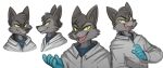 2026 5_fingers alpha_channel anthro big_ears big_eyes biped black_body black_eyebrows black_fur black_nose blue_clothing blue_gloves blue_handwear blue_shirt blue_t-shirt blue_topwear button_(fastener) canid canine canis cheek_tuft clothing digital_drawing_(artwork) digital_media_(artwork) eyebrows eyelashes facial_tuft fangs fingers front_view fur gesture gloves grey_body grey_fur grey_inner_ear_fluff guide_lines hachimakiyaki half-length_portrait handwear head_tuft headshot_portrait hi_res humanoid_hands hybrid inner_ear_fluff janusz looking_at_viewer male mammal medical_gloves narrowed_eyes open_mouth pink_tongue portrait pose pupils shaded shirt side_view simple_background slit_pupils smile smirk smug snaggle_tooth snout solo standing t-shirt teeth tongue topwear transparent_background tuft white_clothing white_lab_coat white_topwear wolf wolfdog yellow_eyes yellow_sclera
