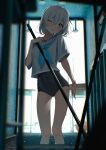  1girl :o ;o absurdres black_one-piece_swimsuit blue_eyes blue_neckerchief blurry blush bracelet broom covered_navel hair_between_eyes head_tilt highres holding indoors jewelry kazu_(kauk3753) looking_at_viewer neckerchief one-piece_swimsuit one_eye_closed open_mouth original pool sailor_collar school_swimsuit school_uniform serafuku shirt short_hair short_sleeves solo standing swimsuit swimsuit_under_clothes wading water wet white_hair white_sailor_collar white_shirt 