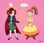 2025 2_horns black_tiara blue_clothing blue_jacket blue_topwear boots bottomwear brown_boots brown_clothing brown_footwear brown_hair clothing crossover demon demon_humanoid disney dress duo female footwear green_bottomwear green_clothing green_skirt green_sweater green_topwear hair hekapoo hi_res horn horned_humanoid human humanoid jacket light_body light_skin long_hair mammal mary_janes merian_(stugo) migueruchan red_hair shoes skirt star_vs._the_forces_of_evil stugo sweater topwear voice_actor_joke white_body white_skin yellow_clothing yellow_dress