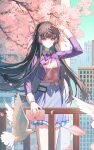  1girl absurdres belt bird black_hair blue_skirt blue_sky bow bowtie brown_belt building cherry_blossoms chinese_commentary chisa_(wuthering_waves) chuhen_(youruo84833) collared_shirt commentary_request dove envelope falling_petals hair_ornament hair_ribbon hairclip highres holding holding_envelope jacket long_hair petals pink_petals pink_ribbon pink_sweater purple_bow purple_bowtie purple_jacket red_eyes ribbon samsung shirt skirt sky solo standing sweater wuthering_waves 