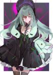  1girl absurdres animal_ears arknights bang_dream! bang_dream!_it's_mygo!!!!! black_bonnet black_dress blood blood_on_face bonnet border chinese_commentary commentary_request cowboy_shot dress floppy_ears gothic_lolita green_hair grey_background hair_ornament highres juliet_sleeves lolita_fashion long_hair long_sleeves looking_at_viewer lop_rabbit_ears outside_border puffy_sleeves rabbit_ears rabbit_girl rainve sidelocks solo standing string stuffed_animal stuffed_rabbit stuffed_toy wakaba_mutsumi wakaba_mutsumi_(marionette's_id) white_border x_hair_ornament yellow_eyes 