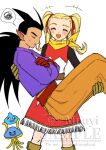  1boy 1girl artist_name black_hair black_shirt blonde_hair blush boots carrying clenched_teeth closed_eyes commentary_request couple cowboy_shot dragon_quest dragon_quest_builders_2 dress ear_blush earrings female_builder_(dqb2) fringe_trim gloves hair_horns hair_ribbon hakama healslime hetero highres hoop_earrings jacket japanese_clothes jewelry laughing long_hair low_ponytail mouyi neckerchief orange_hakama pointy_ears ponytail princess_carry purple_jacket red_dress red_gloves red_ribbon ribbon sample_watermark shirt sidoh_(dqb2) slime_(dragon_quest) smile spoken_squiggle squiggle sweatdrop teeth twintails watermark white_background yellow_boots yellow_gloves yellow_neckerchief 
