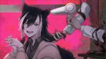  1boy :d absurdres alternate_costume alternate_hair_length_(longer) animal_ears black_hair blood blood_splatter brown_cardigan cardigan commentary_request curtains drying drying_another's_hair drying_hair grey_shirt hair_between_eyes hair_dryer highres holding holding_another's_hair holding_hair_dryer holostars jackal_boy jackal_ears jackal_tail jewelry kageyama_shien kageyama_shien_(5th_costume) long_hair long_sleeves looking_at_viewer male_focus multicolored_hair necklace official_alternate_costume onion_(kionlin322) open_cardigan open_clothes open_mouth own_hands_together pink_background ring rope severed_arm severed_limb shirt smile solo two-tone_hair unworn_eyewear upper_body virtual_youtuber white_hair window yellow_eyes zuutto_issho_(kitani_tatsuya) 