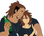  2boys arm_around_neck arm_hair book brown_eyes brown_hair commentary_request dark-skinned_male dark_skin dog_tags doug_(gangsta) dreadlocks ear_piercing earrings face_piercing galahad_woehor gangsta grin holding holding_book jewelry lip_piercing lip_ring male_focus mikey_uo multiple_boys necklace one_eye_closed piercing smile undercut 