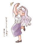  1girl arms_up black_shoes blush closed_eyes closed_mouth commentary_request dancing facing_to_the_side facing_viewer from_side full_body hairband highres idolmaster idolmaster_(classic) kome-me leg_up long_hair no_socks puffy_short_sleeves puffy_sleeves purple_skirt shijou_takane shirt shoes short_sleeves simple_background skirt smile solo standing standing_on_one_leg translation_request turning_head white_background white_hair white_shirt 