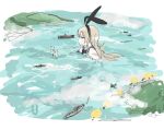  1girl aircraft aircraft_carrier airplane bare_shoulders battleship blonde_hair blush cloud giant giantess gloves hairband kantai_collection long_hair military_vehicle neckerchief ocean sailor_collar shimakaze_(kancolle) ship warship watercraft white_gloves yaruki_(kodlerqzjufgnkp) 