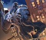 alien alien_humanoid big_muscles black_body building butt city city_background claws clothing costume duo emblem empty_eyes hi_res human humanoid long_tongue looking_at_another male mammal marvel muscular muscular_humanoid muscular_male not_furry peter_parker sharp_teeth simloveyou solo_focus spider-man_(character) spider-man_(series) symbiote teeth tongue tongue_out venom_(marvel)