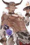  1boy 1other animal_print behemoth_(final_fantasy) bell bikini blush commentary_request cow_print cow_print_bikini cowbell dark-skinned_male dark_skin drink ear_blush elezen elf final_fantasy final_fantasy_xiv frills from_below grey_hair highres holding horns kimodo_96 looking_at_viewer looking_down male_focus muscular muscular_male nipples open_mouth pants pointy_ears print_bikini purple_eyes swimsuit tail the_tyrant_(ff14) tray 