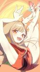  1girl animal_ears armpit_focus armpits blonde_hair breasts brown_hair cho_kaguya-hime! colored_inner_hair commentary_request crescent crescent_hair_ornament fang hair_ornament highres kaguya_(cho_kaguya-hime!) kaguya_(tsukuyomi)_(cho_kaguya-hime!) kuro_sironekono legs long_hair multicolored_hair open_mouth orange_background pink_shoes rabbit_ears rabbit_girl red_eyes shoes sideboob solo teeth thigh_focus thighs upper_teeth_only 
