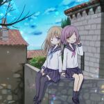  2girls amakaze_sora black_sailor_collar black_shoes black_skirt black_socks black_thighhighs blue_neckerchief blue_sky blush branch brown_eyes brown_hair building closed_mouth cloud commentary_request day horizon loafers long_hair long_sleeves multiple_girls neckerchief ocean one_eye_closed original outdoors pink_neckerchief pleated_skirt puffy_long_sleeves puffy_sleeves purple_eyes purple_hair sailor_collar school_uniform serafuku shirt shoes sitting_on_wall skirt sky smile socks stone_wall thighhighs water white_shirt yuri 