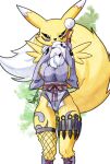 absurd_res accessory anthro arm_tuft armwear bandai_namco big_breasts black_sclera blue_eyes boots breasts canid clothing digimon digimon_(species) elbow_gloves female fishnet_clothing fishnet_legwear fluffy fluffy_tail footwear fur gloves hair_accessory handwear hi_res kunai legwear mammal multicolored_body multicolored_fur nanaeljustice neck_tuft ninja renamon shoes simple_background smile solo tail tuft warrior weapon white_body white_fur yellow_body yellow_fur