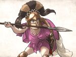  1girl brown_eyes commentary corinthian_helmet english_commentary greco-roman_clothes helmet holding holding_polearm holding_weapon hoplitissa_(ironlily) ironlily looking_to_the_side original polearm simple_background solo spear weapon white_background 