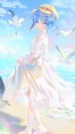 1girl absurdres beach bird blue_hair bocchi_the_rock! closed_mouth clothes_lift cloud cloudy_sky commentary_request copyright_logo dress hair_ornament hairclip hat highres kessoku_band logo looking_at_viewer ocean pixiv_id rokiryei seagull short_hair skirt skirt_lift sky smile solo sundress twitter_username water white_dress yamada_ryo yellow_eyes 