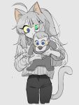  1girl animal_ears baby bell blue_eyes carrying carrying_baby carrying_person cat_ears cat_girl cat_tail degrees_of_lewdity fish_hair_ornament fish_skeleton_hair_ornament hair_ornament heterochromia high_ponytail highres long_hair mother_and_child neck_bell parent_and_child pelma player_character_(degrees_of_lewdity) player_character_(female)_(degrees_of_lewdity) ponytail simple_background tail upper_body 