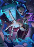  1girl absurdres blue_fire card commentary fh_moya fire flaming_head flaming_skull highres holding holding_card no_humans purple_robe robe signature skeleton skull slay_the_spire slay_the_spire_2 solo the_necrobinder_(slay_the_spire) 