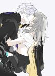  1boy 1girl absurdres black_gloves black_jacket black_shirt black_skirt bra_strap breast_press breasts carrying carrying_person cleavage clothes_lift commentary_request gloves grey_hair hair_between_eyes hand_on_another's_shoulder hetero highres honkai:_star_rail honkai_(series) jacket jacket_partially_removed kiss kissing_neck large_breasts leg_lock long_hair looking_up phainon_(flame_reaver)_(honkai:_star_rail) phainon_(honkai:_star_rail) shirt shirt_lift short_hair simple_background sinn_syuu skirt standing_leg_lock stelle_(honkai:_star_rail) thigh_strap trailblazer_(honkai:_star_rail) two-sided_fabric two-sided_jacket white_background white_hair white_shirt yellow_eyes 