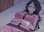  1girl =_= bed_sheet bedroom black_hair blush breasts closed_eyes collared_shirt covered_nipples dutch_angle game_asset hair_down ikeda_(kasutera) large_breasts large_variant_set long_hair long_sleeves lying miyuki_(summer_memories) night non-web_source official_art on_back on_bed pajamas pants parted_bangs parted_lips pillow pink_pants pink_shirt self-datamine shirt sleeping solo summer_memories variant_set visual_novel_cg 