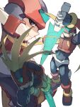  1boy absurdres android armor black_eyes blonde_hair closed_mouth commentary_request dynamic_pose energy_sword forehead_jewel full_body helmet highres holding holding_sword holding_weapon long_hair looking_at_viewer looking_to_the_side male_focus mega_man_(series) mega_man_zero_(series) multiple_views omochi_(mochi_skymega) profile red_armor red_helmet sideways_glance simple_background sword upper_body weapon white_background z_saber zero(z)_(mega_man) zero_(mega_man) 
