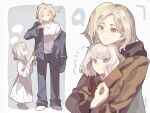  2girls absurdres blonde_hair brown_eyes brown_jacket child closed_eyes commentary dress emily_(resident_evil) fbi_badge grace_ashcroft grey_background haobuguniao heart highres hug hug_from_behind jacket jacket_partially_removed light_smile messy_hair multiple_girls parted_bangs resident_evil resident_evil_requiem shared_clothes shared_jacket shirt short_hair spoken_heart squeans suit_jacket white_background white_dress white_shirt 